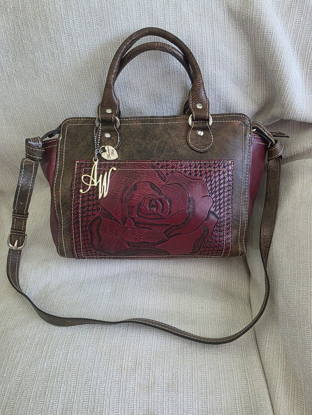 American West Brown Satchel with Red Rose Panel